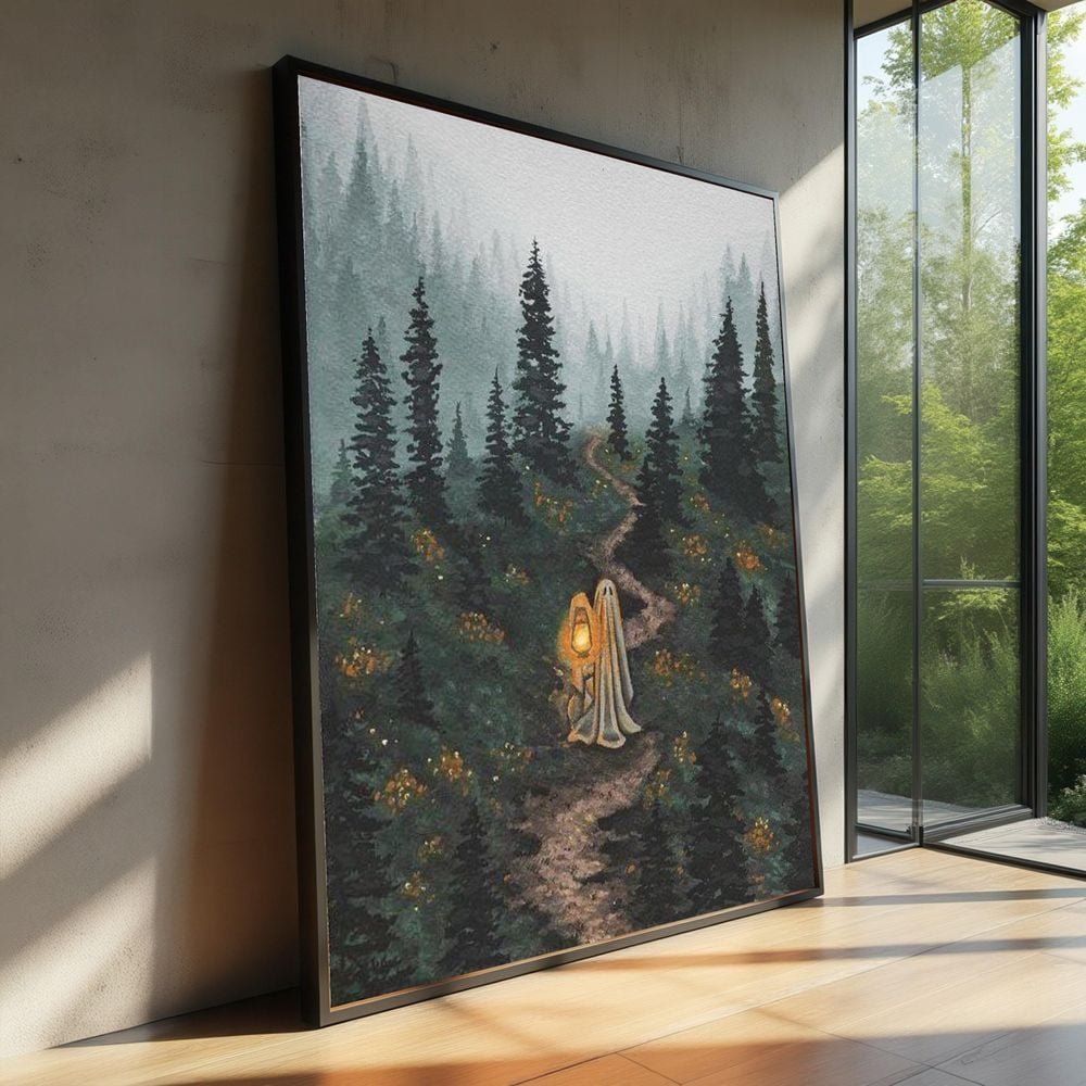 Mystical Twilight Forest Spooky Ghost Lantern Art Rustic Home Decor Canvas Ready To Hang Portrait Canvas
