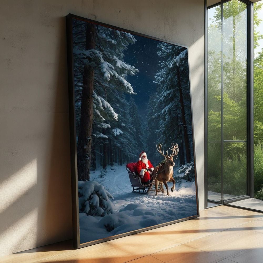 Santa's Sleigh and Reindeer in Winter Forest Canvas Ready To Hang Portrait Canvas
