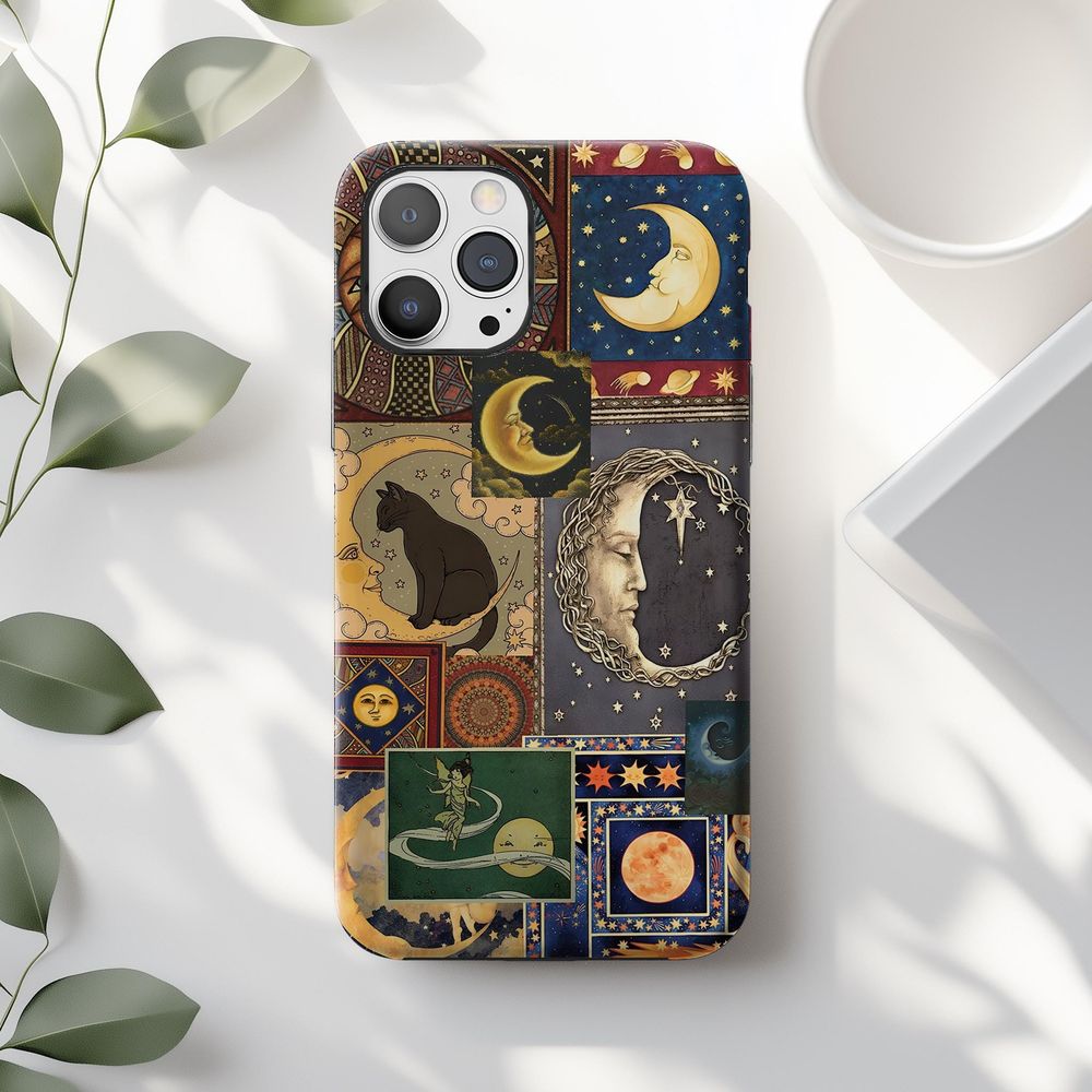 Vintage Celestial Black Cat Moon Collage Phone Case Phonecase Black Silicone Phone Case